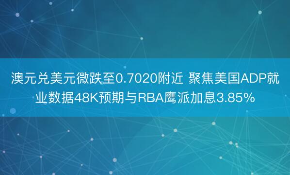 澳元兑美元微跌至0.7020附近 聚焦美国ADP就业数据48K预期与RBA鹰派加息3.85%