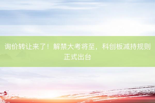 询价转让来了！解禁大考将至，科创板减持规则正式出台